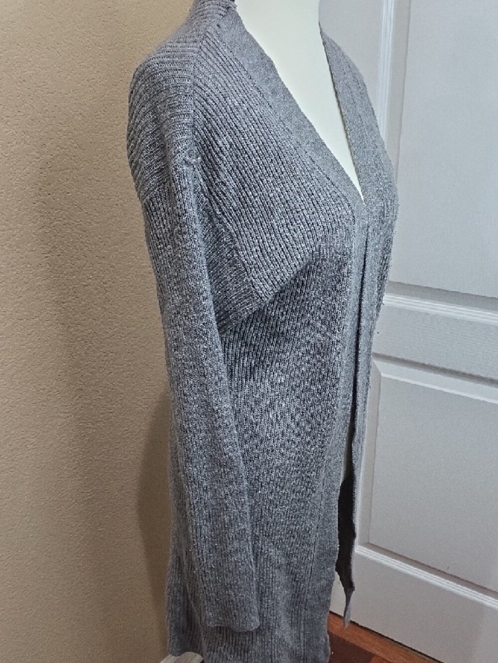Ambiance Long Open-Front Ribbed Cardigan - Gray - Picture 3 of 6